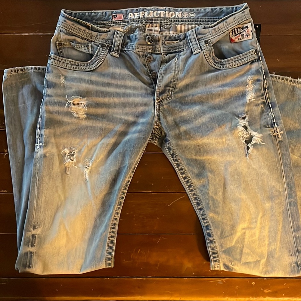 Affliction Blue Jeans | Vintage Look | Size 34 | Cross Stitching Detail